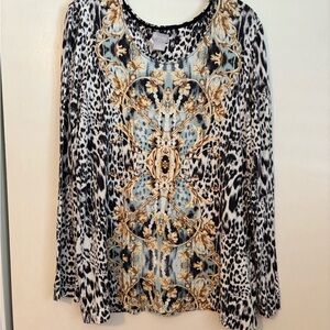 Chico's Navy and Gold Leopard Print Tiuch of Cool Blouse